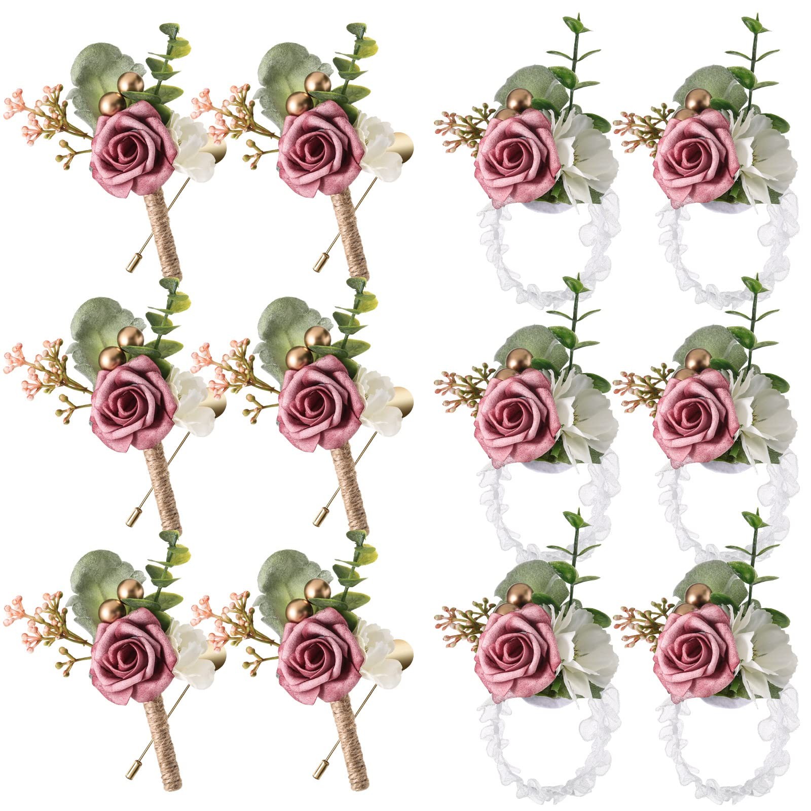 12 PCS Dusty Rose Artificial Wrist Corsage Boutonniere Set Wedding Decor
