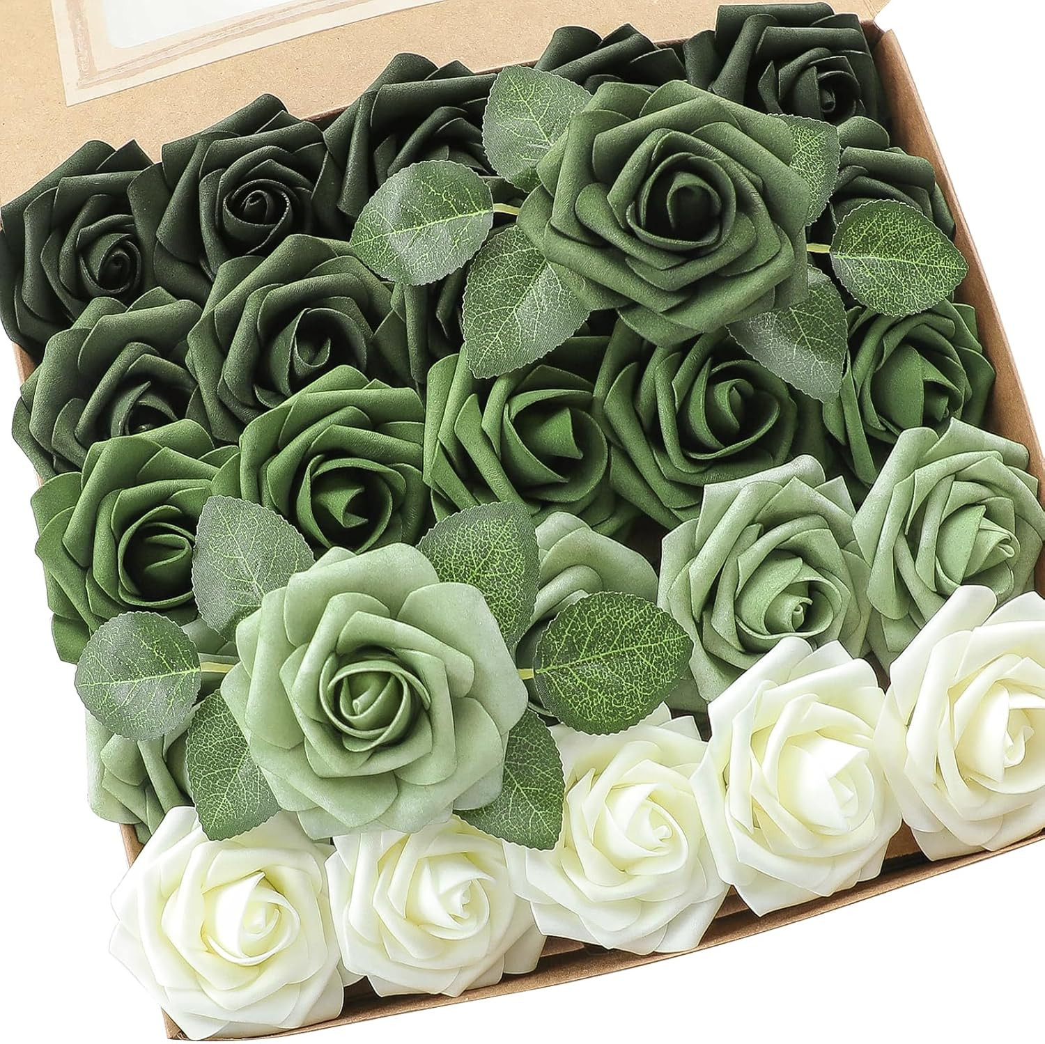 Artificial Flowers 25Pcs Real Looking Forest Green Ombre Colors Foam Fake Roses