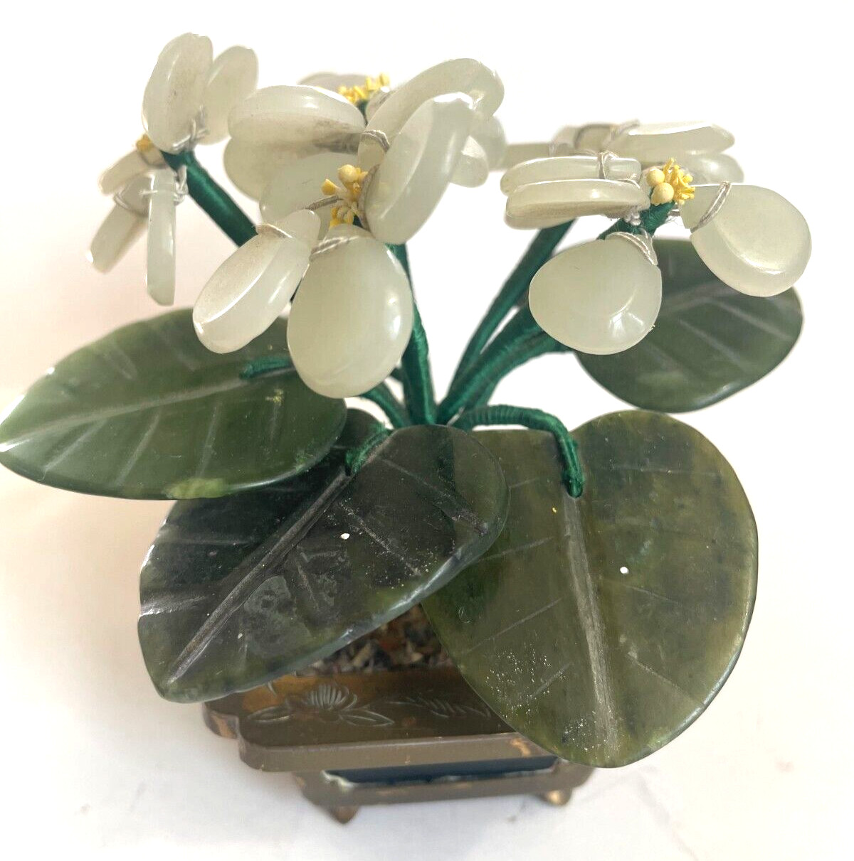 6 Jade Flowers and Petals in Brass Planter 4 “1970s Made in Hong Kong Vintage