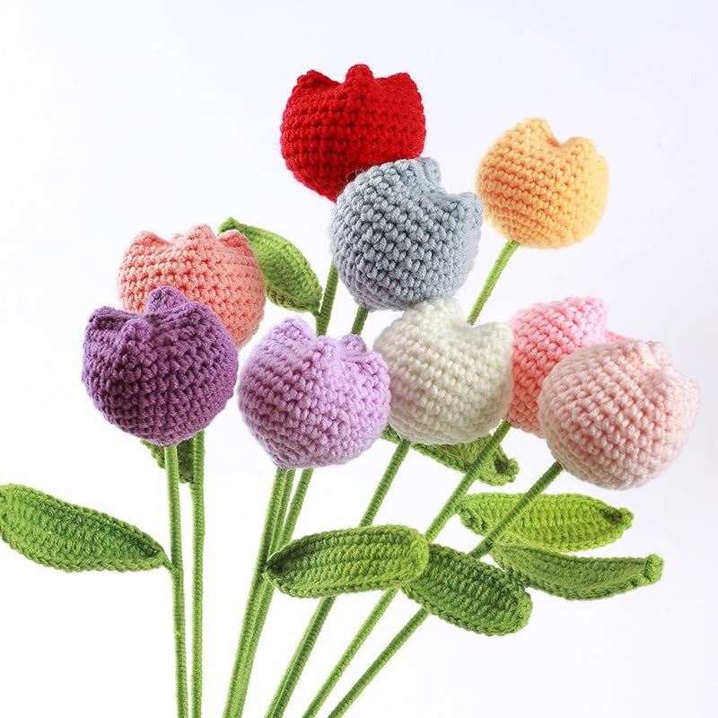 6 pcs Crochet Flower Tulip Bouquet,15″ Finished Hand-Woven Bouquets, Fake Flo…
