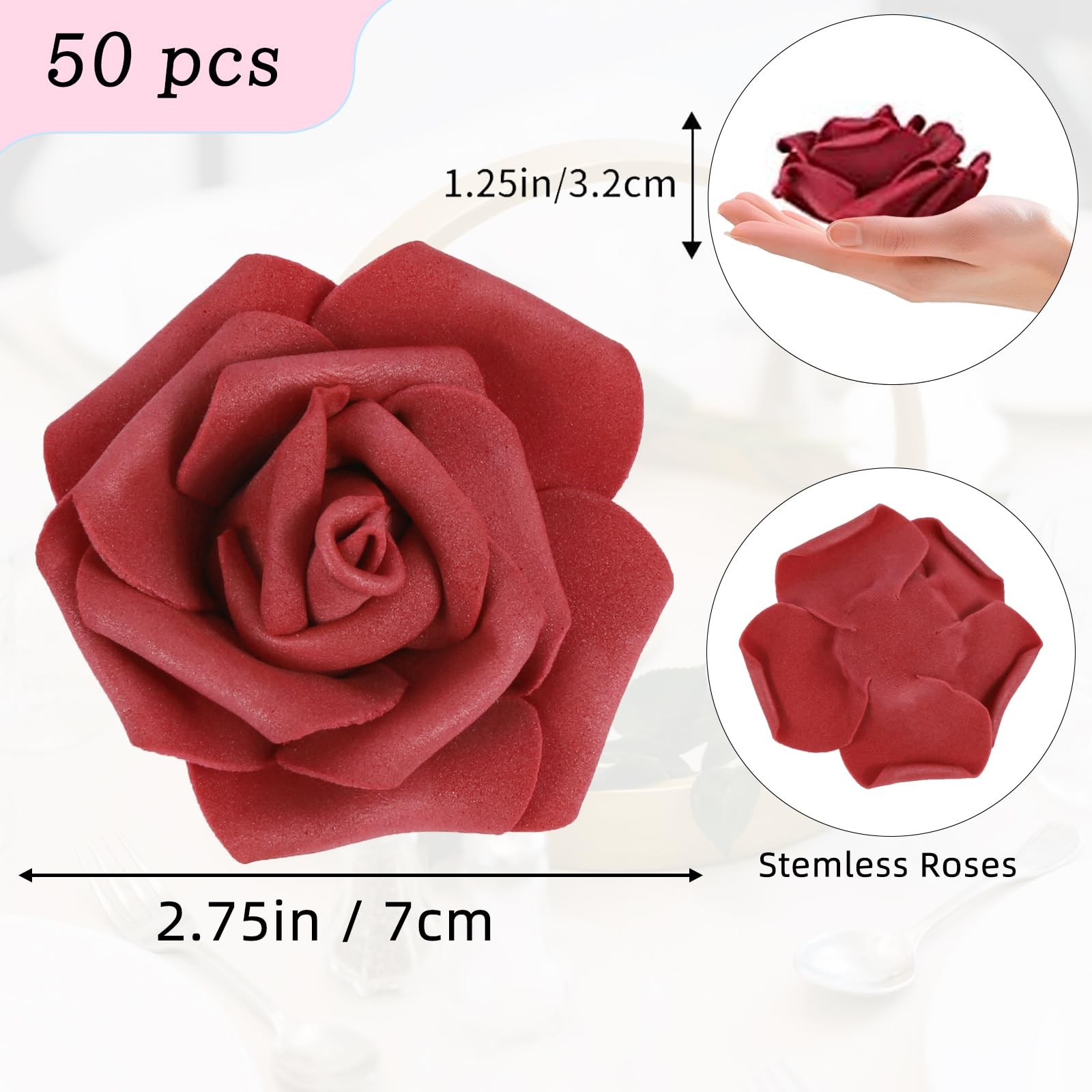 50 PCS Burgundy Foam Rose Stemless Artificial Flower Head Bulk 2.75in Mini Fa…