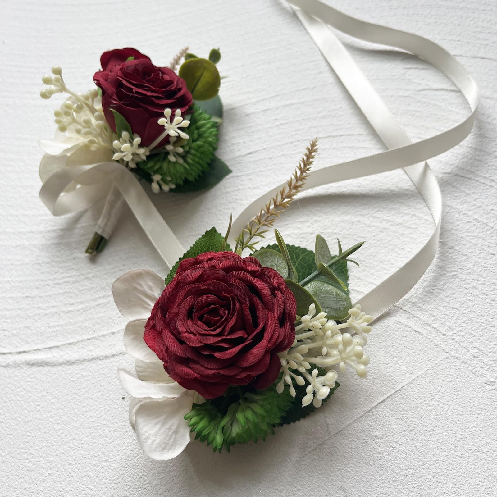 Artificial Wrist Corsage Boutonniere Set, Burgundy, 2 Pieces
