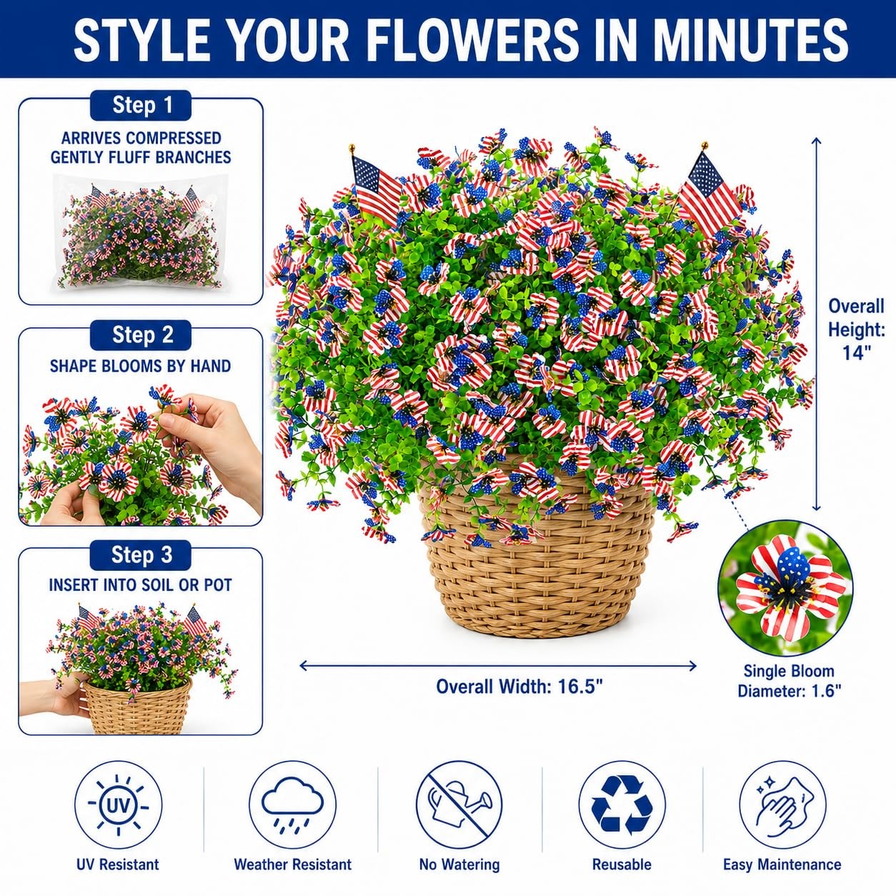 50 Pcs Patriotic Artificial Flowers Independence Day Decor Fake Flowers,UV Re…