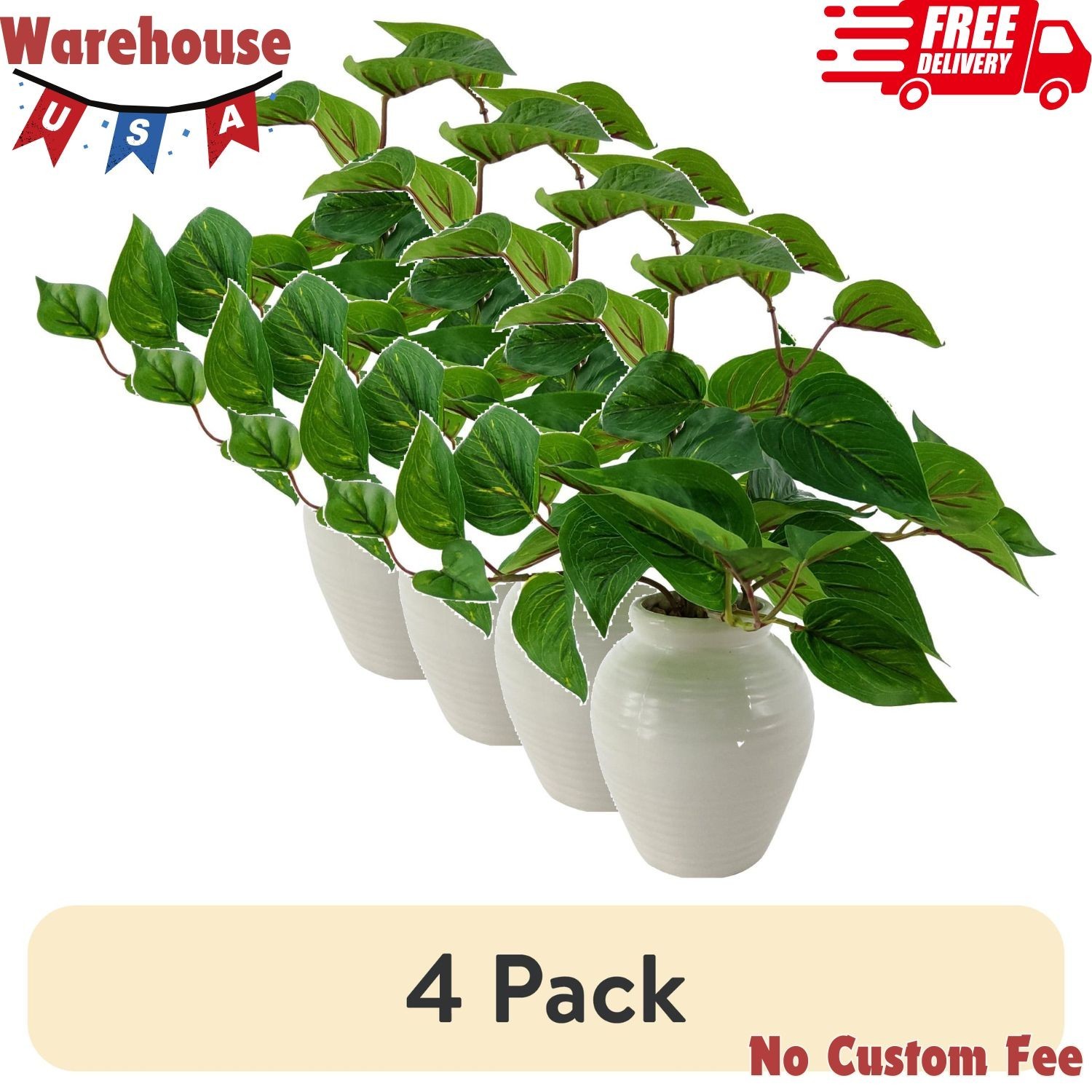 (4 pack) 11” Artificial Golden Pothos in White Color Ceramic Pot