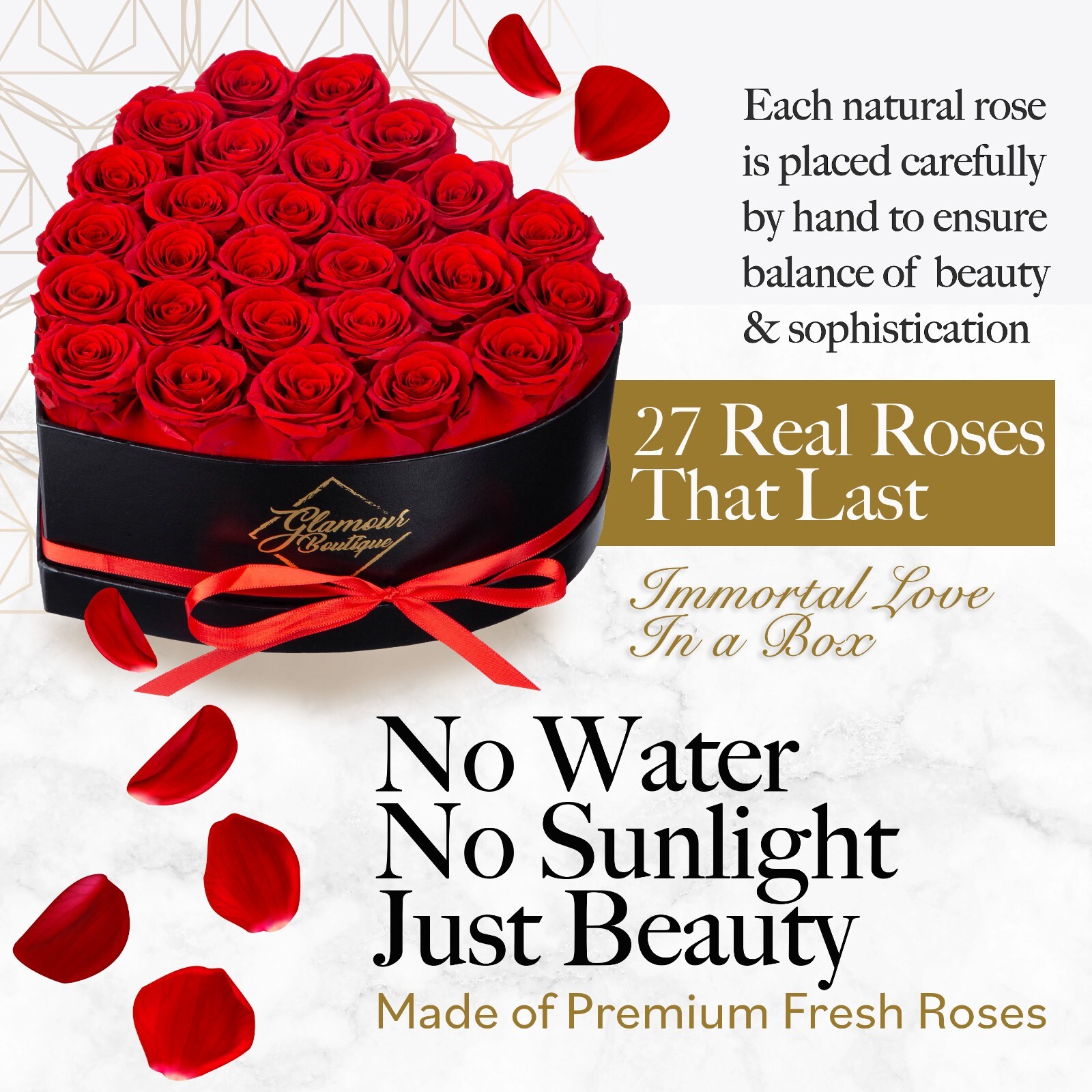 Glamour Boutique 27-Piece Forever Rose Heart Shape Gift Box – Preserved Roses