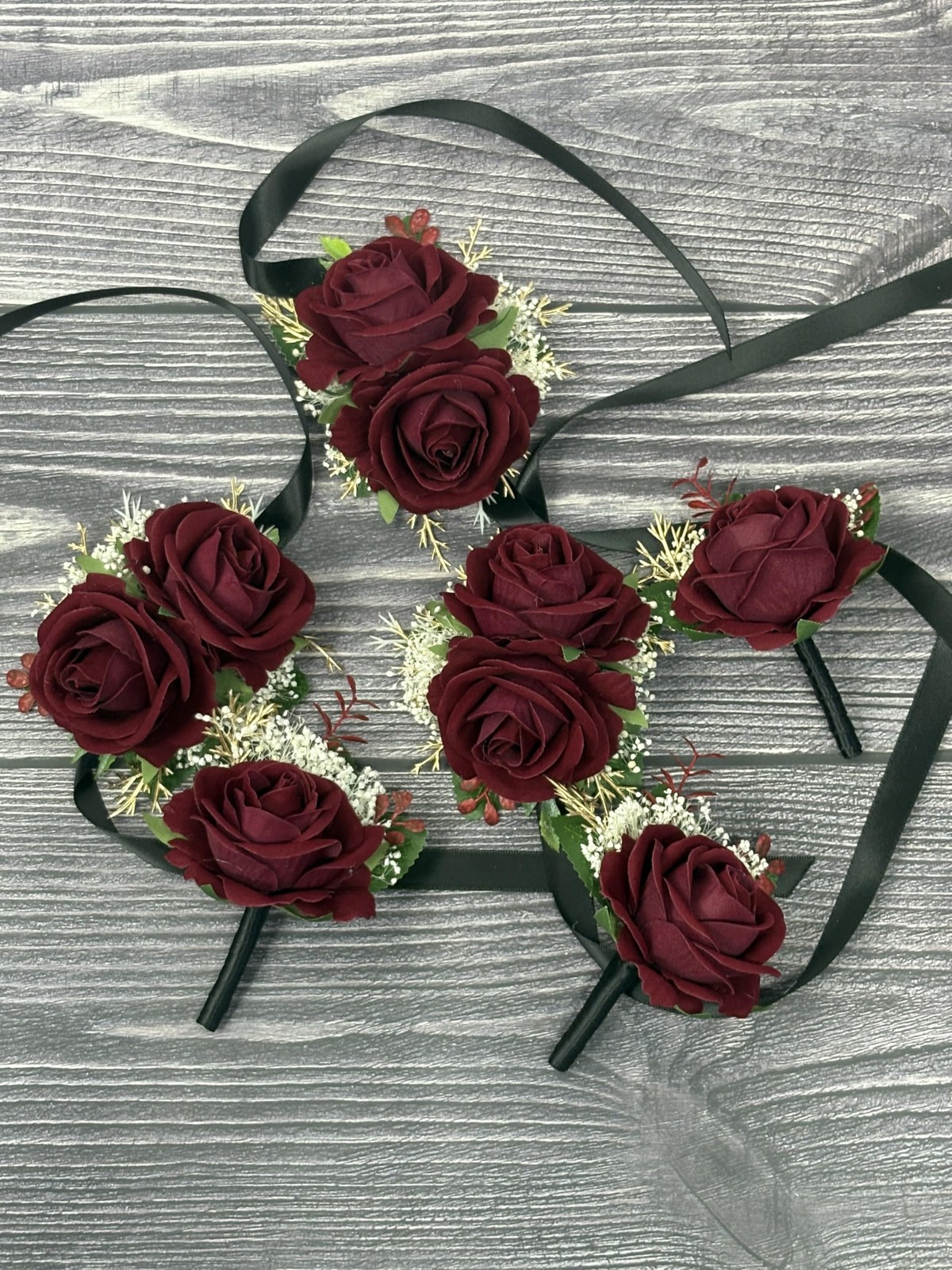 Burgundy Rose Corsage Boutonniere Set Baby’s Breath Wedding Prom Decorations