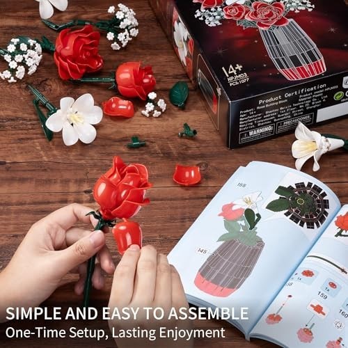 1077 PCS Artificial Rose Flower Bouquet Building Set with Vase – Perfect Gift fo