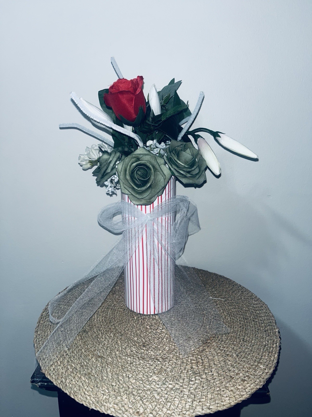 Artificial Rose Flower Arrangement in Striped Vase w/ Bow, Multicolor