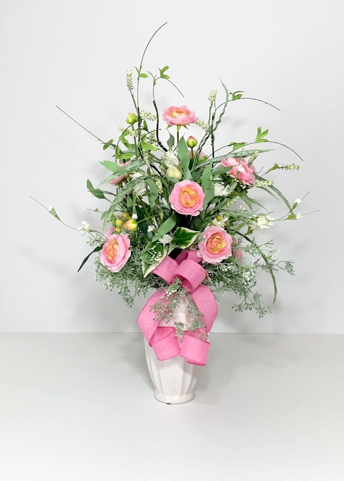 ELEGANT PINK YELLOW FLORAL ARRANGEMENT WHITE CERAMIC VASE CENTERPIECE GIFT NEW