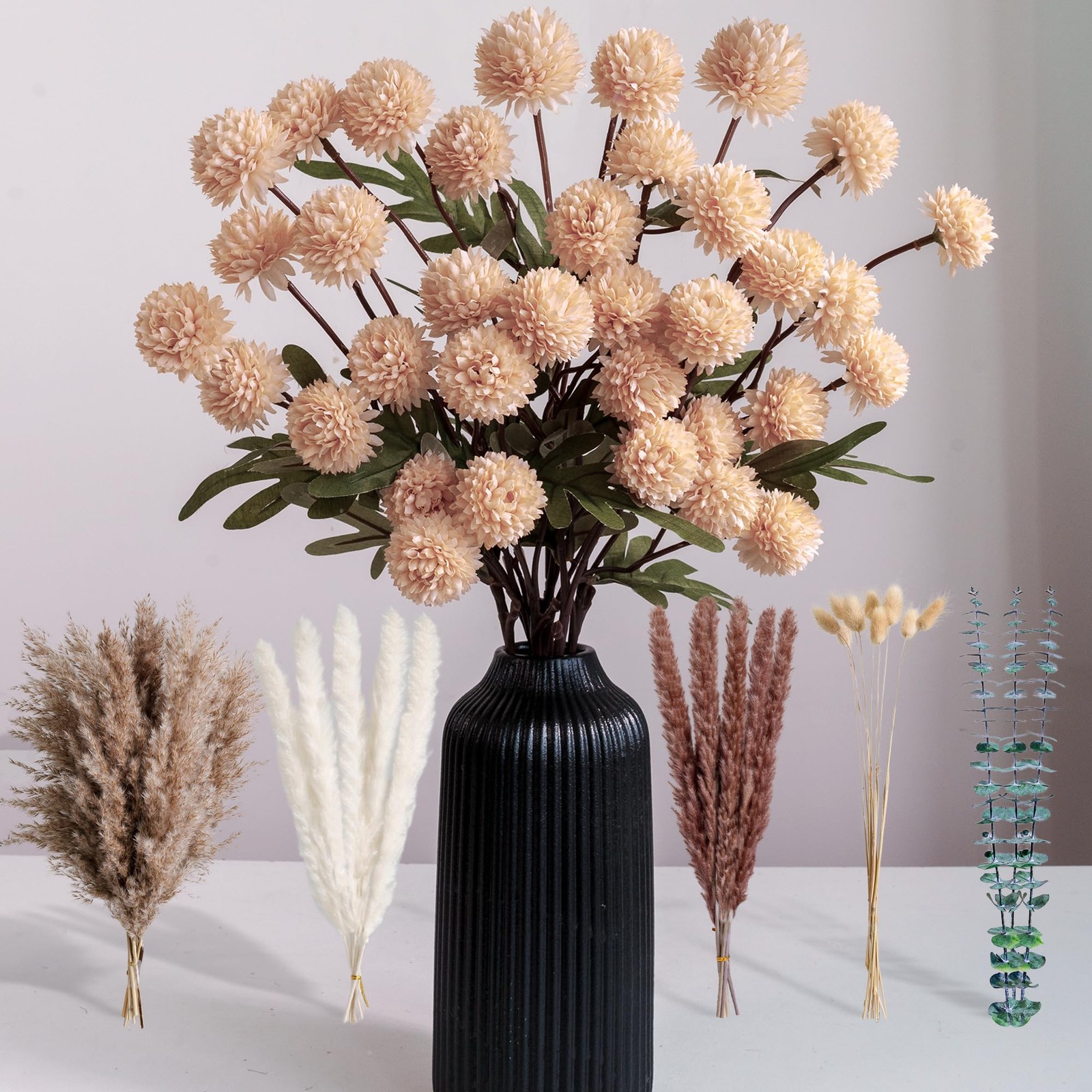 Luxury Simulation Faux Flower Arrangement Beige White Peonies Dried Pampas