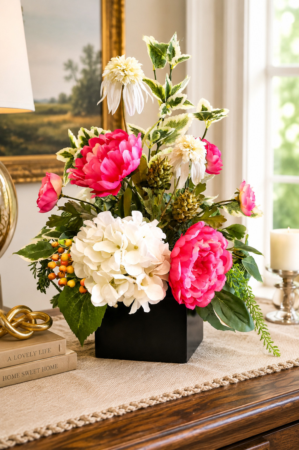Hot Pink Peony & White Hydrangea Arrangement, Pink Spring Silk Floral