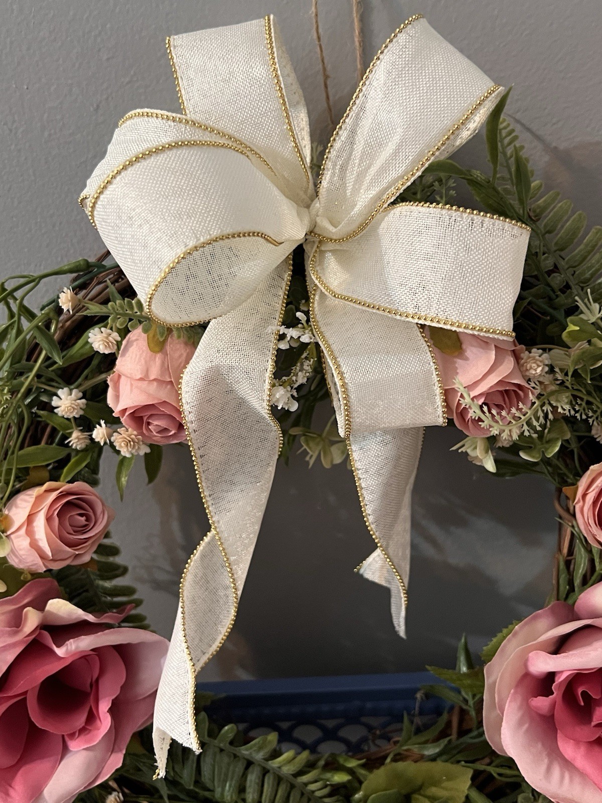 Cottagecore Pink Rose Wreath & Floral Arrangement Set, Girls Room Decor