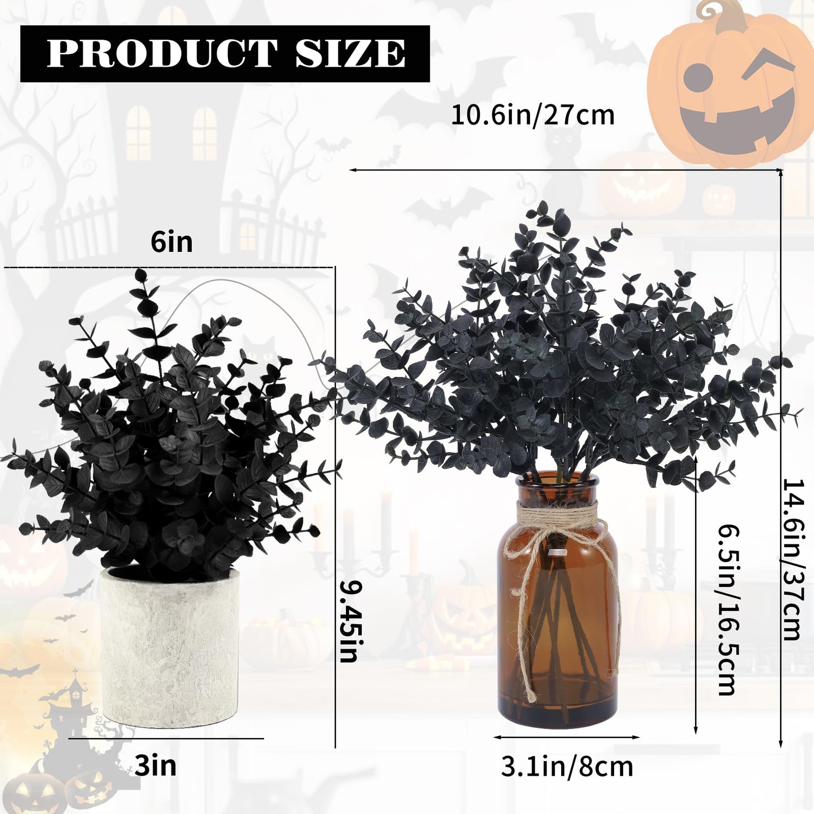 Black Eucalyptus Stems in Glass Vase with Faux Water for Halloween Decoration…