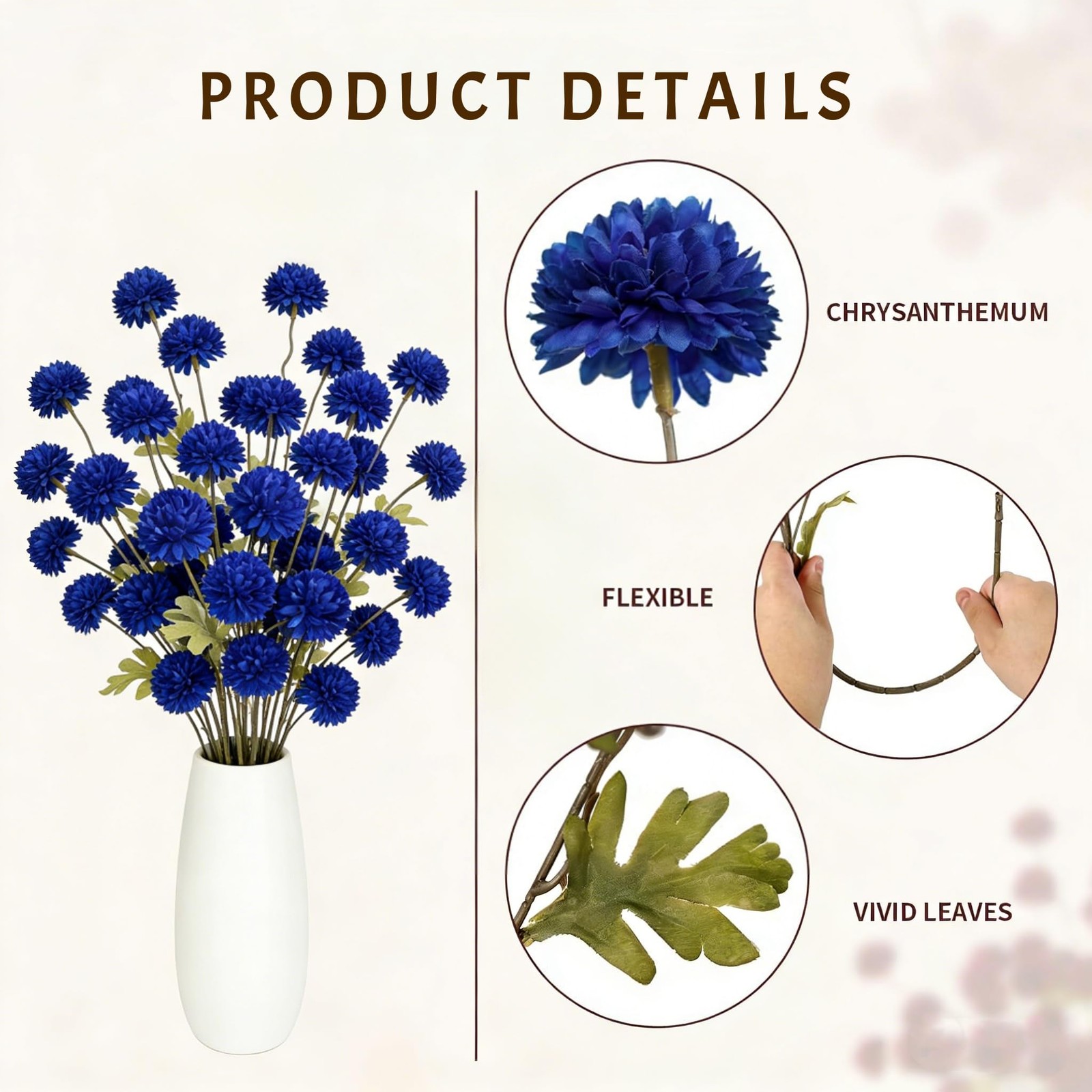 6 Pcs Artificial Silk Chrysanthemum Flowers – 18 Bloom Heads Faux Pompon Mum …