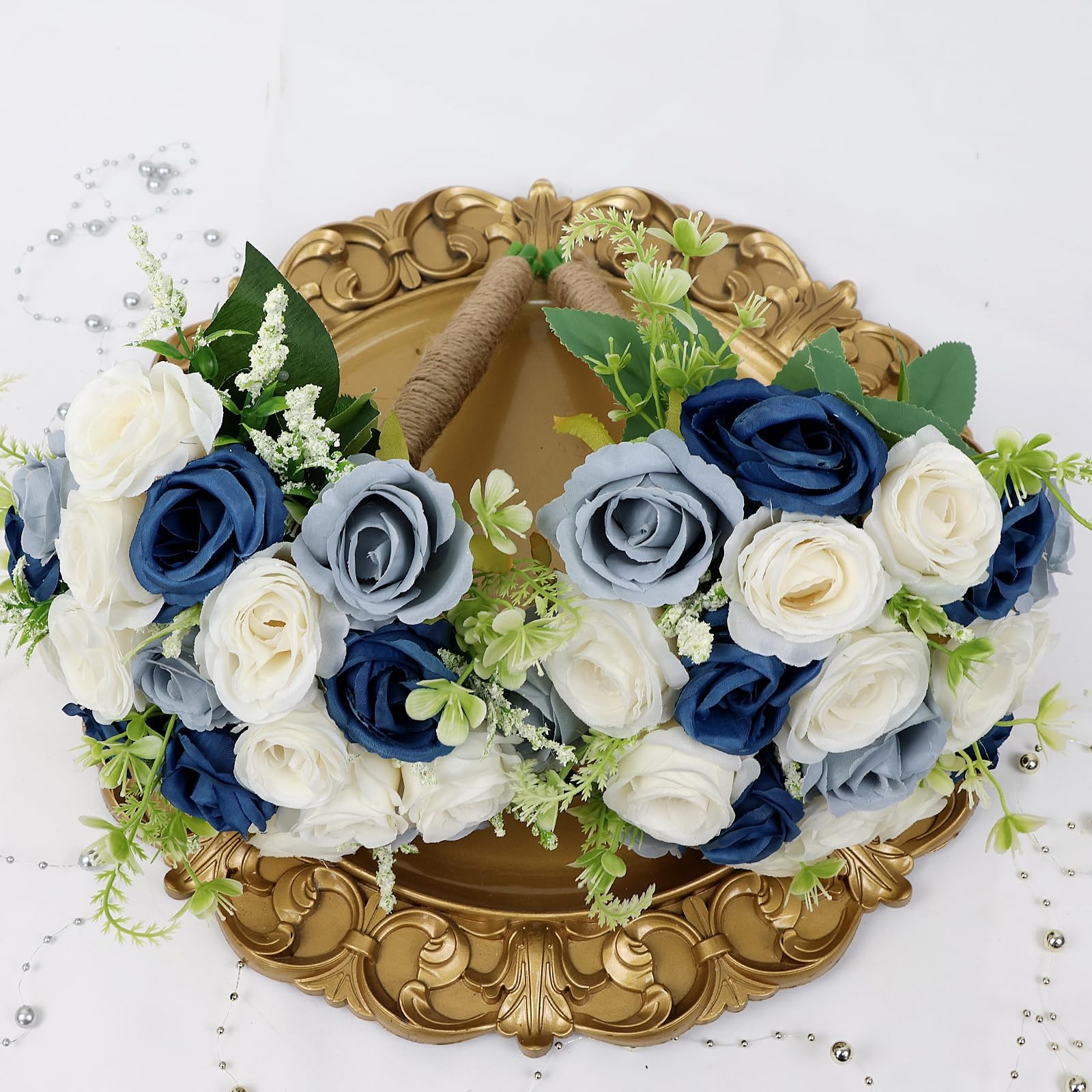 Bridesmaid Bouquets Wedding 7 Inch, Artificial Flower Navy Blue Dusty White