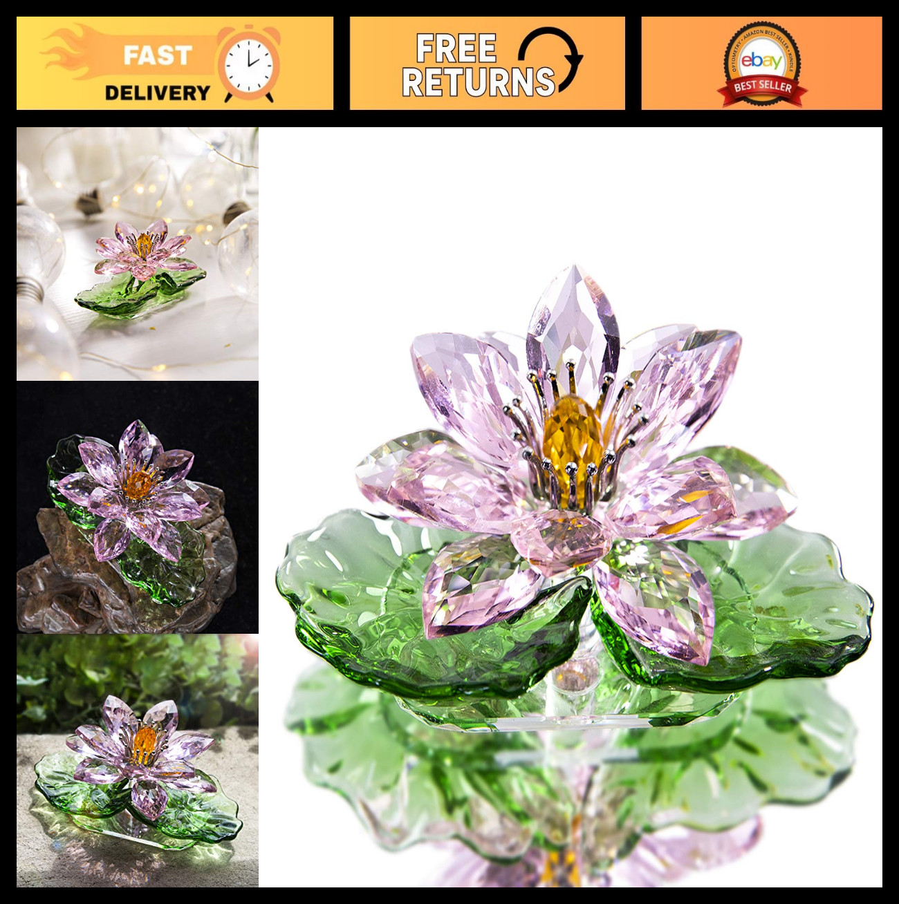 Pink Sparkle Crystal Lotus Flower – Feng Shui Home Decor, Gift Boxed, Glass Art