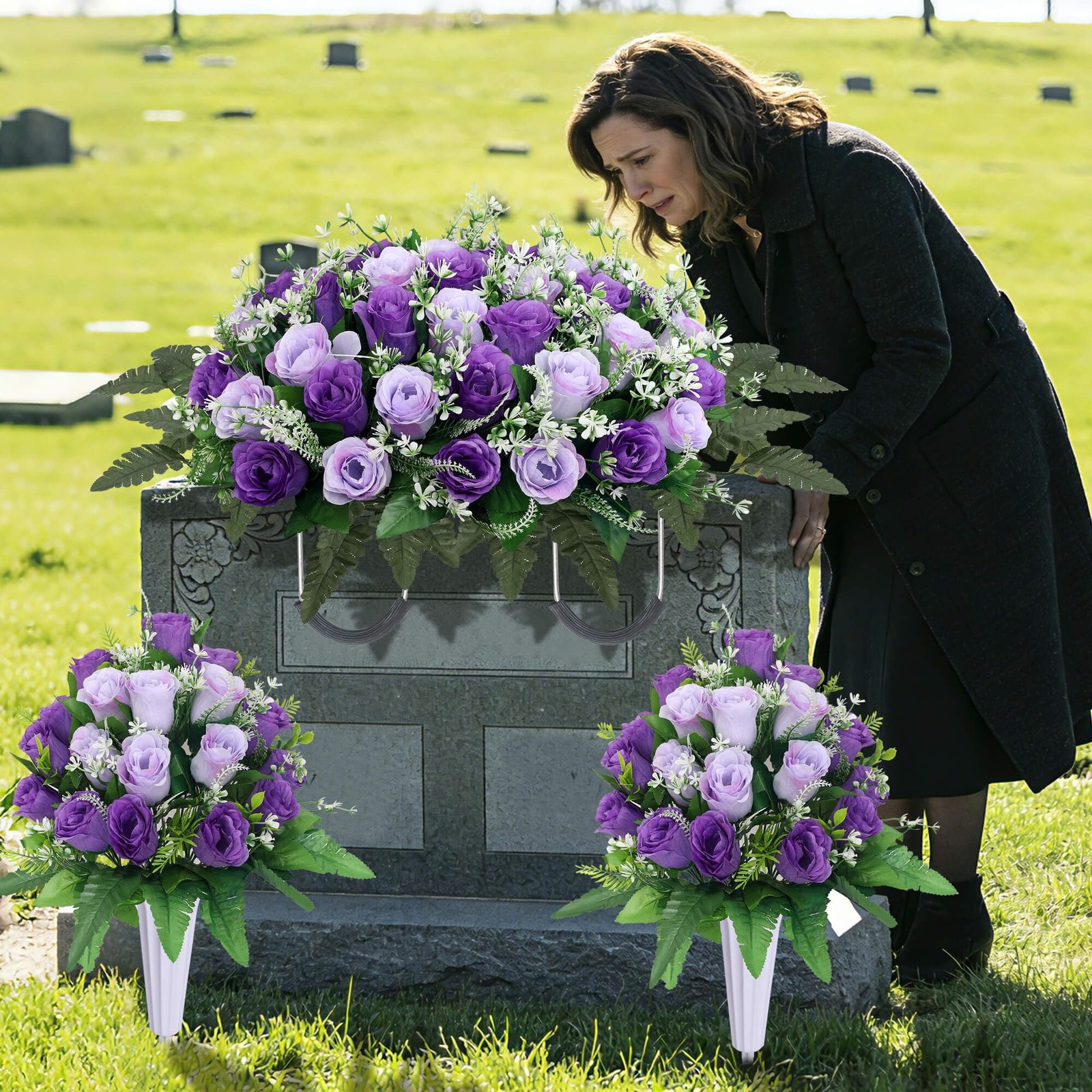 3 Sets Cemetery Flowers for Grave,Headstone Flower Saddle,Grave Memorial Flow
