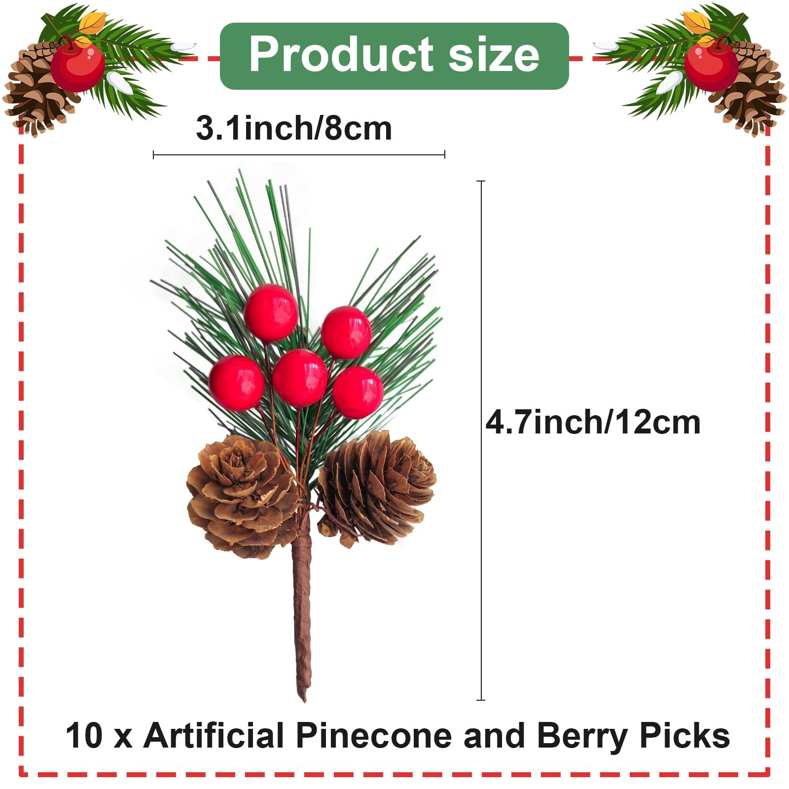 10 Pcs 4.7-Inch Artificial Pinecone and Berry Picks, Christmas Tree Picks, Pi…