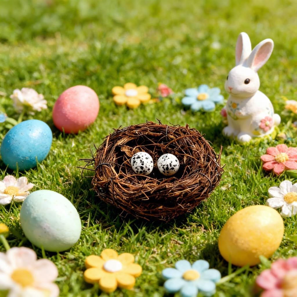 Birds Nest with Eggs Easter Rattan Nest Decorating, Mini Artificial Birds Nest f