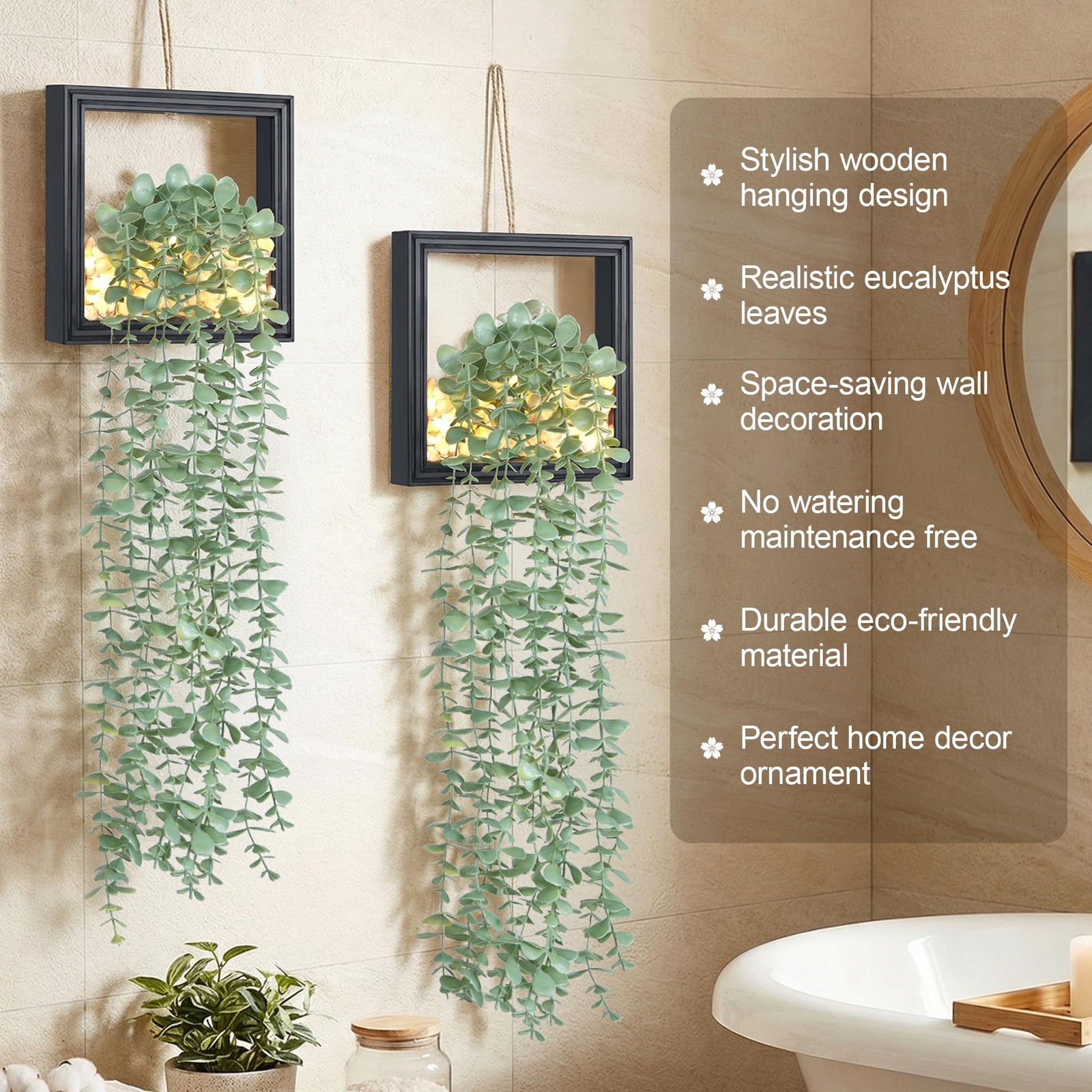 2 Pack Fake Plants Hanging, Artificial Eucalyptus Vines in Square Wooden Fram…