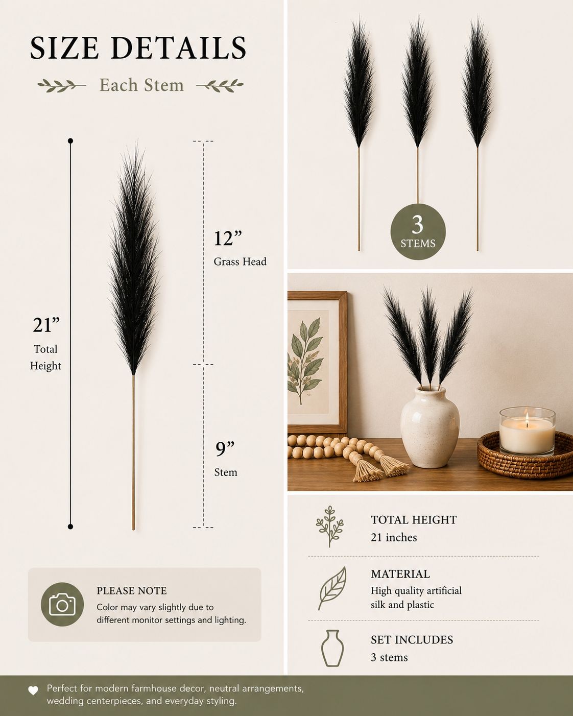 Black Pampas Grass Decor Set of 3 Faux Pampas Stems Gothic Decor Dark Academia H
