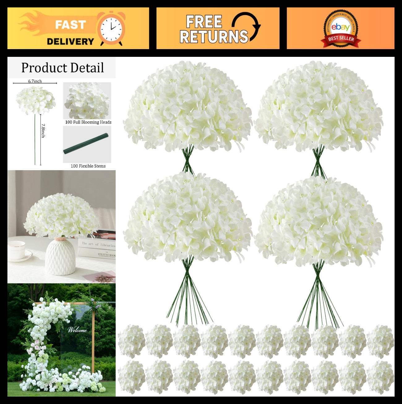 100 Pcs Faux White Hydrangea Flowers – Silk Heads with Stems for Wedding, Party,