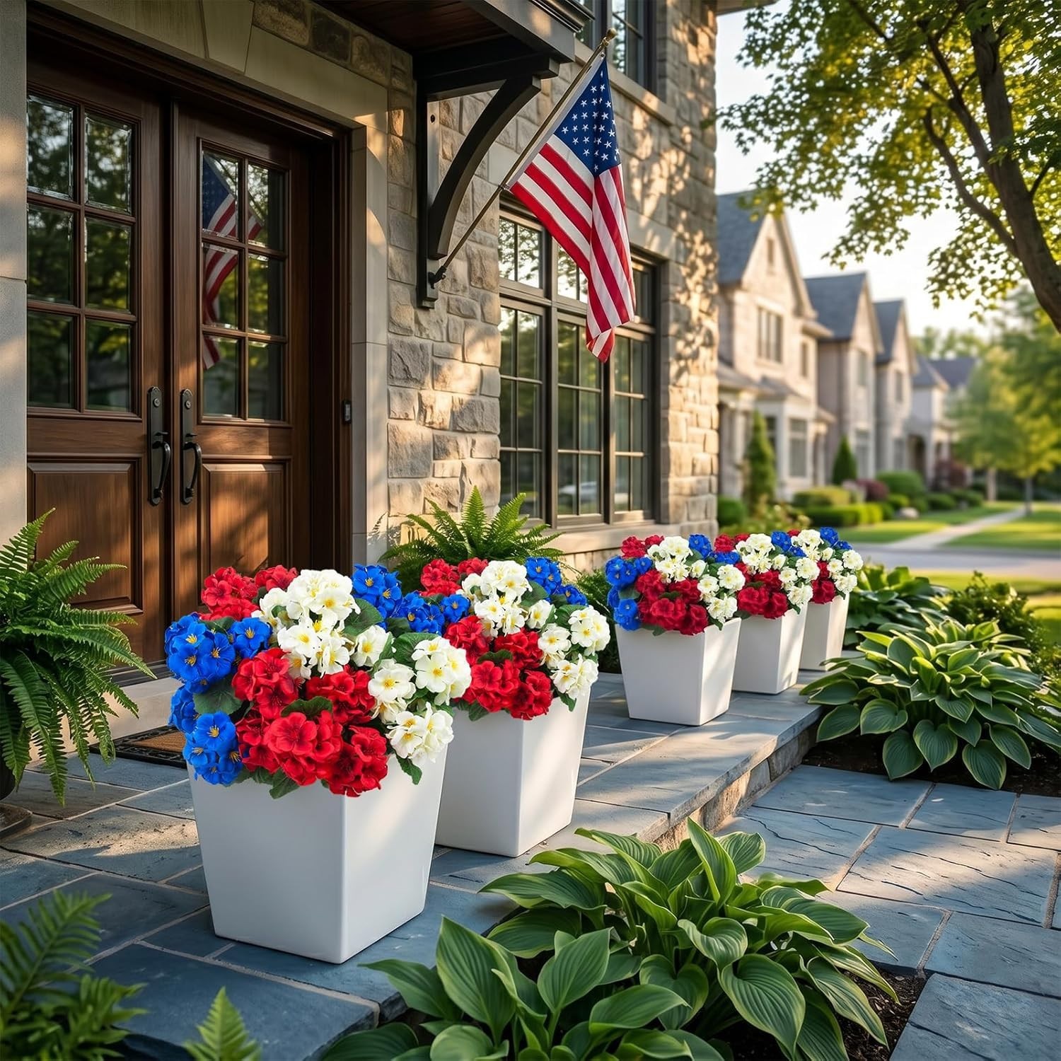 Artificial Geranium Flowers 6 Pcs UV Resistant RedWhiteBlue