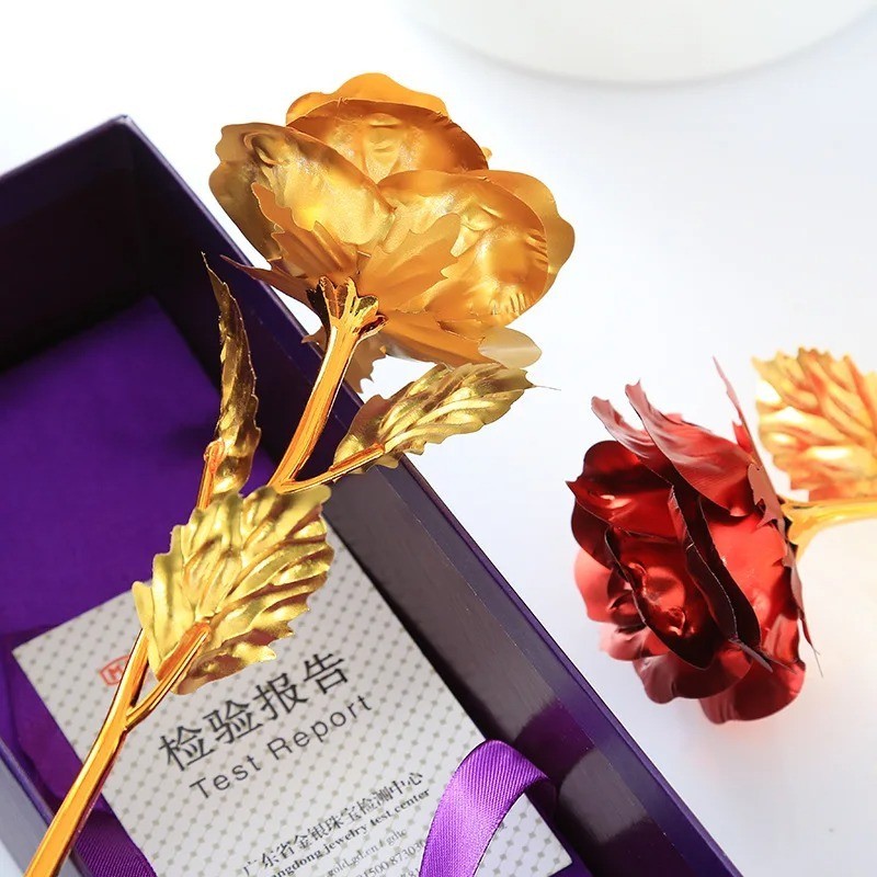 24k Gold Plated Foil Rose Flower Long Stem Dipped New Year Xmas Gift For Her