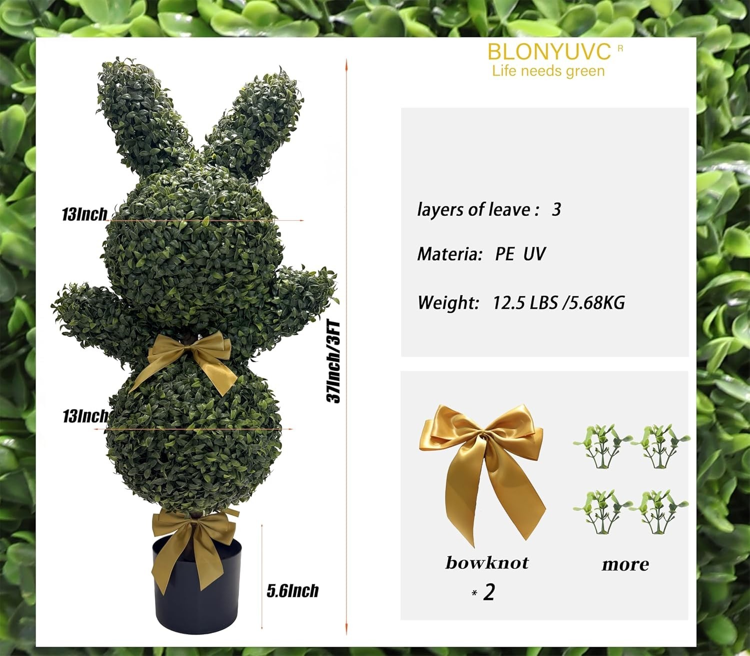 36” Artificial Bunny-Shaped Topiary Double Ball Tree Pot UV-Resistant Bowknot