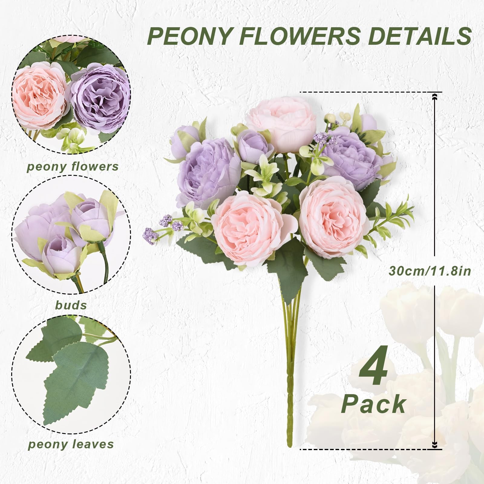 4 Packs Peonies Artificial Flowers, Pinkish-Purple Artificial Peonies, Silk P…