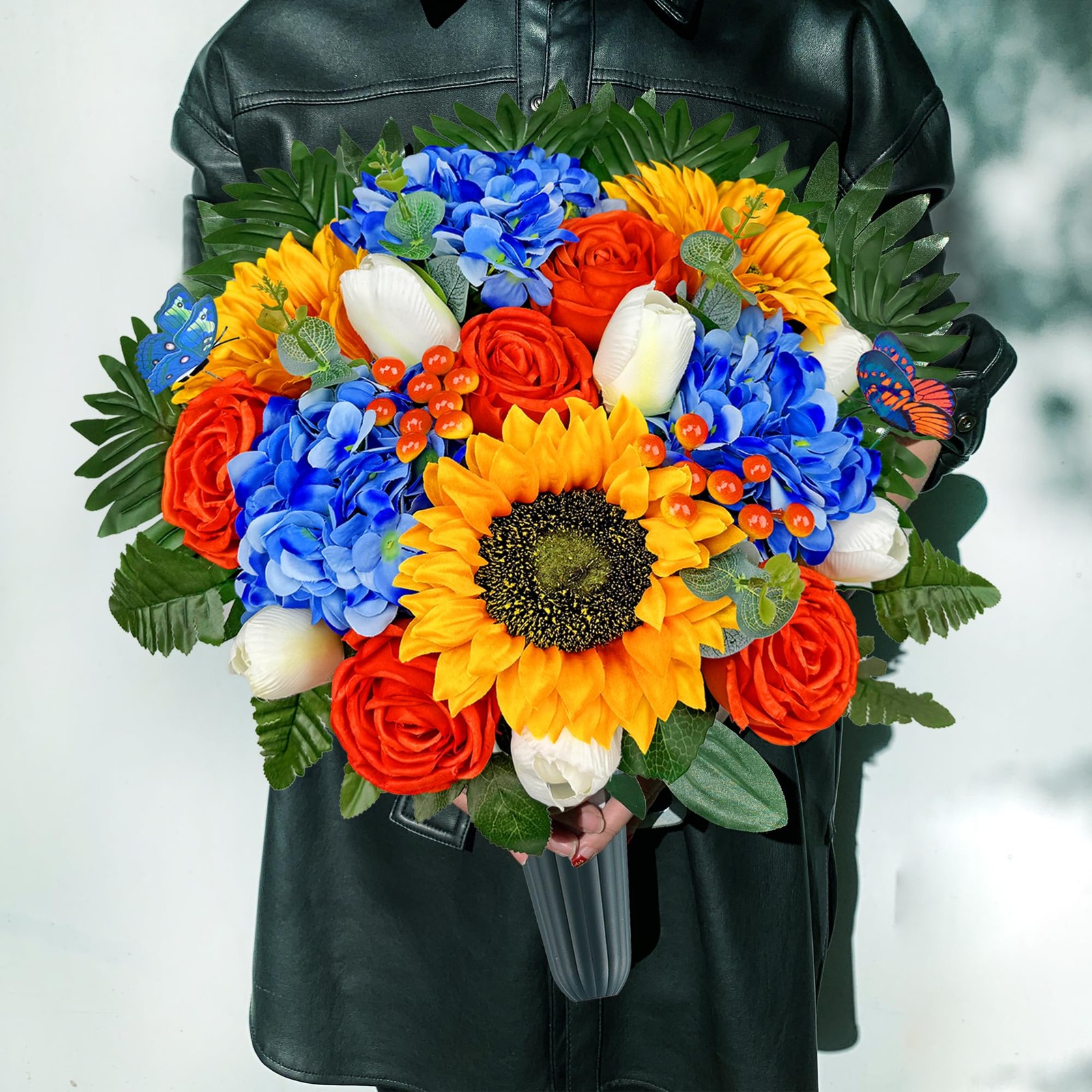Artificial Cemetery Flowers Grave Vase Headstone Silk Arrangement Orange