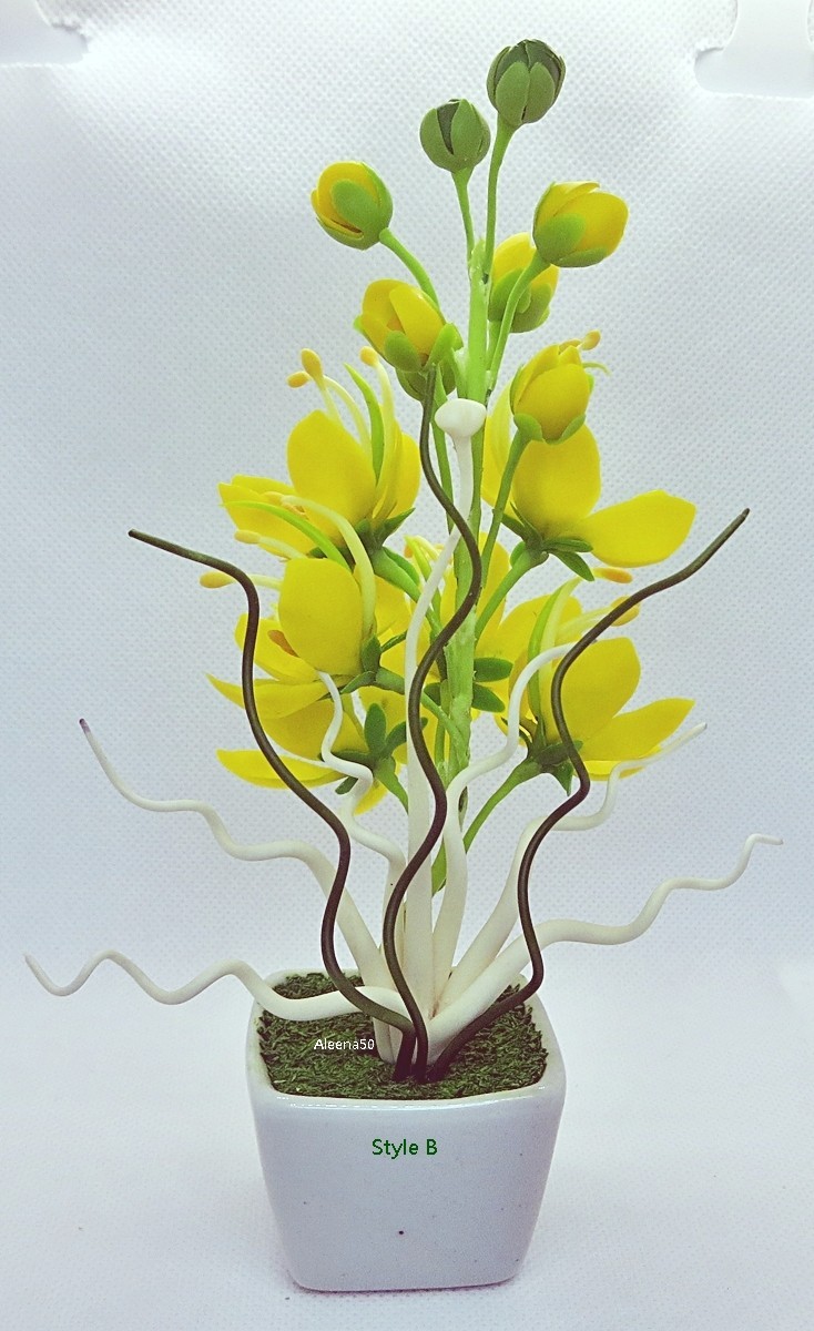 7″H Handcrafted Clay Cassia Fistula M-sized Yellow Flower Arranged in Pot US Stk