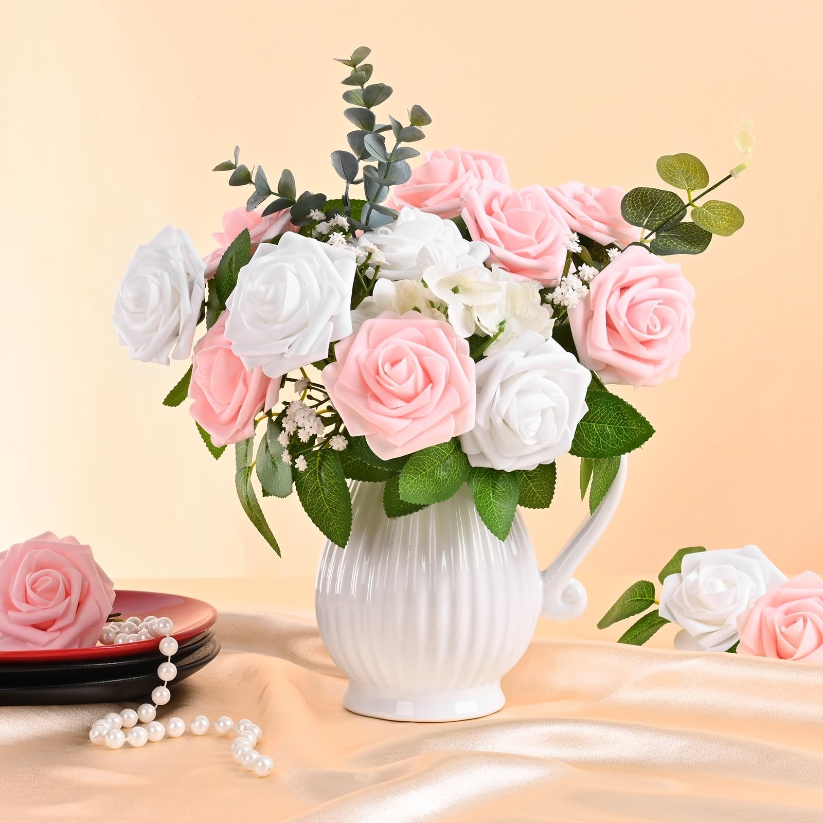 9 Pcs Artificial Flowers Fake Rose with Stems – White Real Touch Foam Roses f…