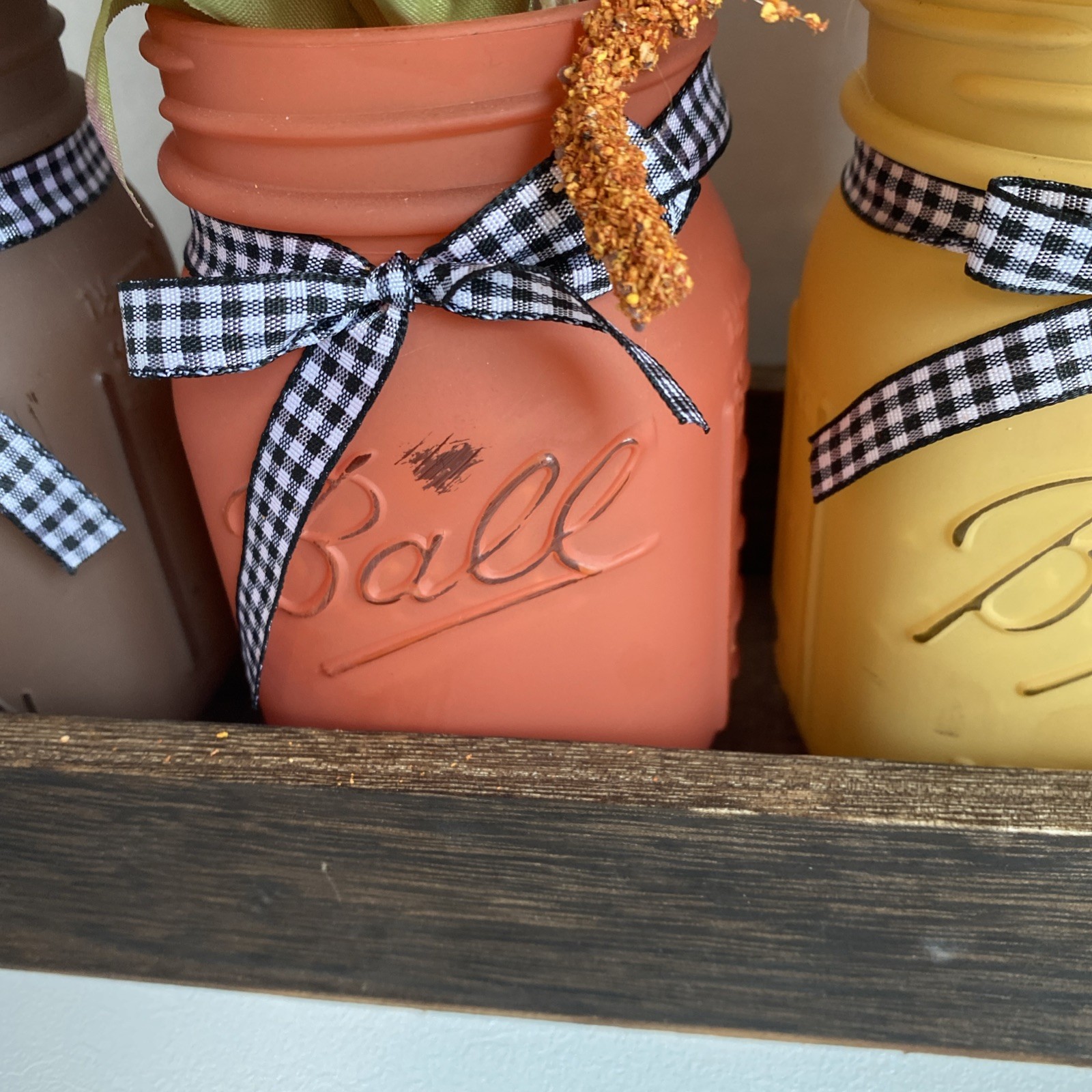 Painted Mason Jars Floral Decor In Tray Light Weight Fall Colors Checked Bows