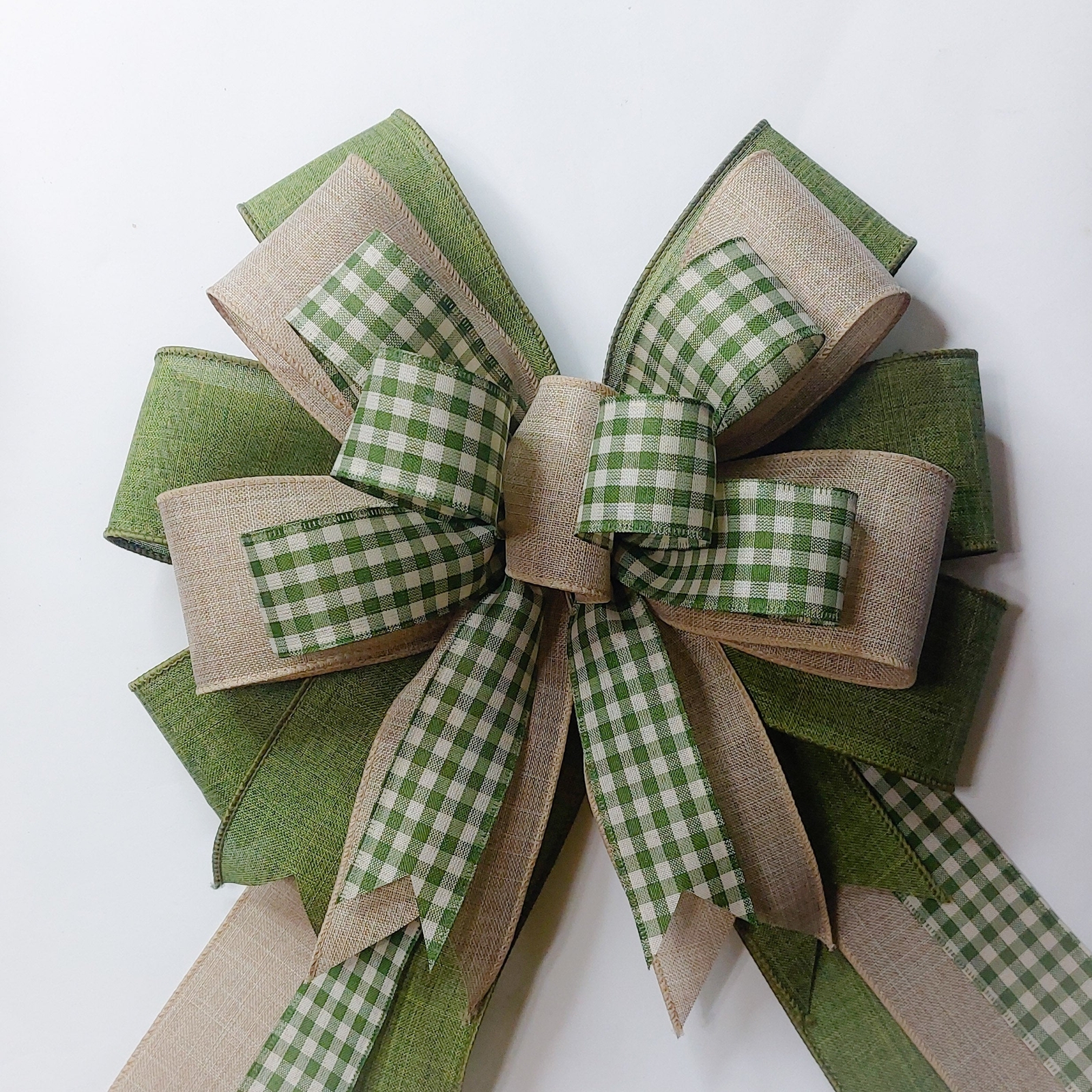 Gingham Check with Beige and Moss Green Bow