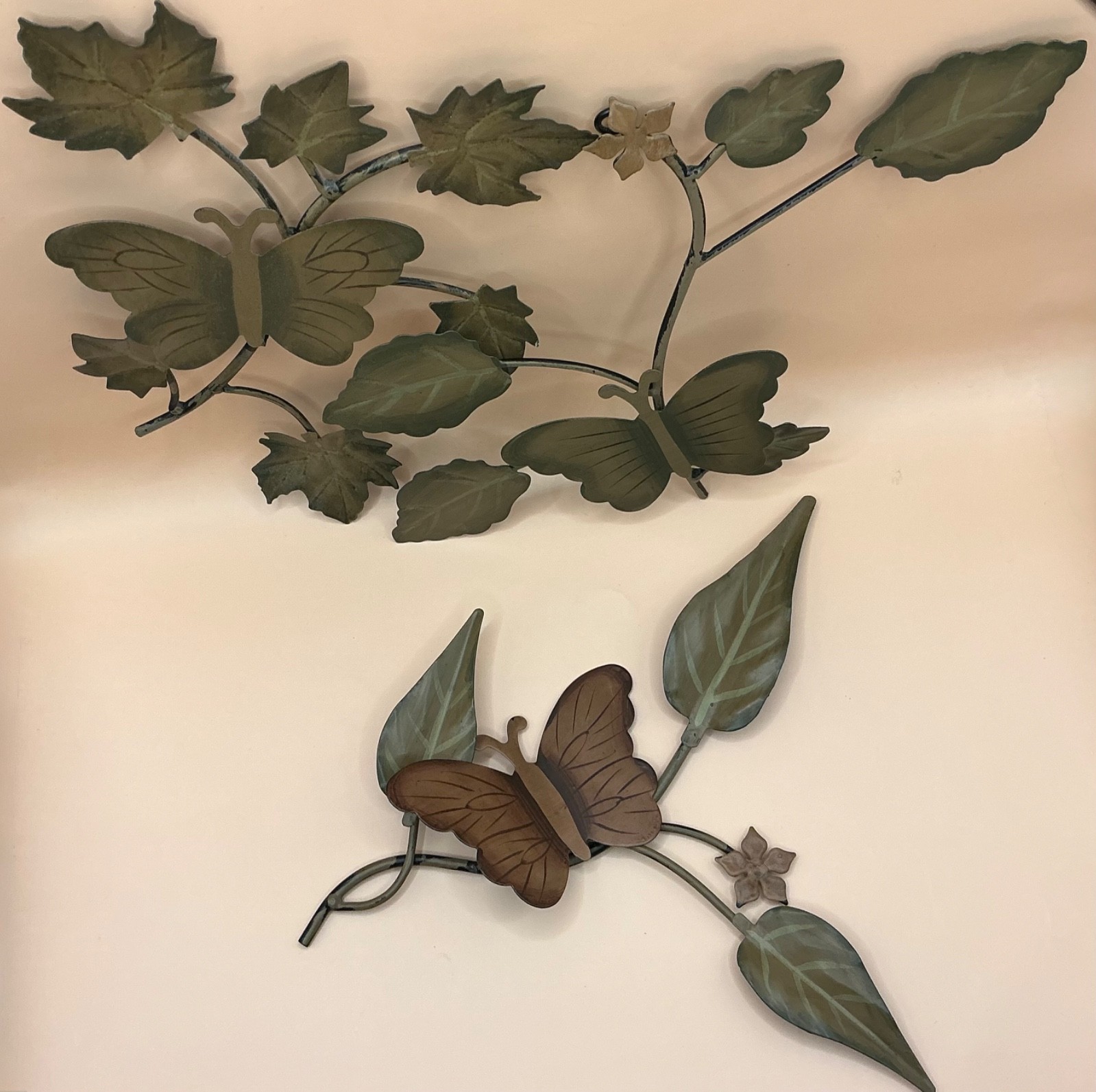 3 Decorative Hand Painted Metal Butterflies Branches Leaves Wall Art