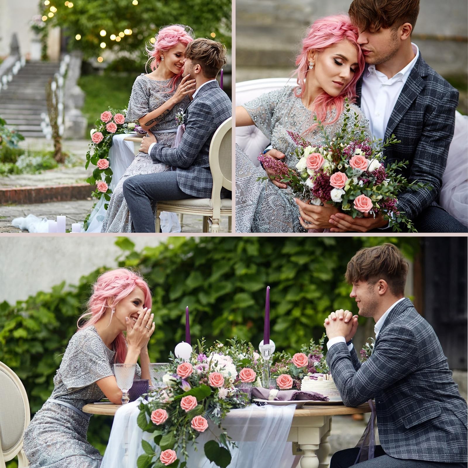 50 PCS Pink Artificial Flowers Roses Foam Fake With Leaves DIY Wedding Decor
