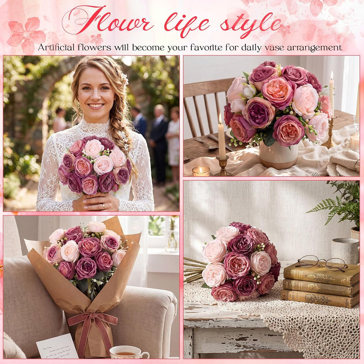 Artificial Peonies Flowers Fake Silk Peony Bouquet Faux Peonies Flowers Bulk for