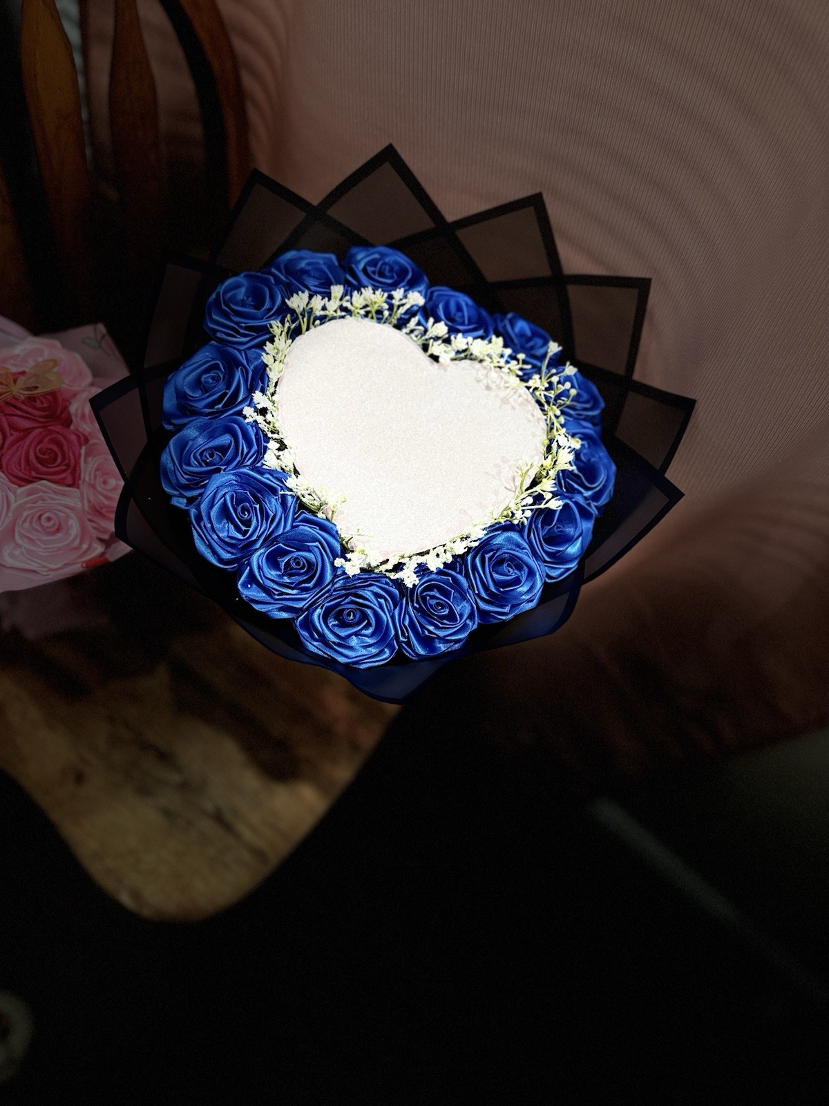 Bouquet of 15 Eternal Rose and Heart with Personalized Message Color Blue