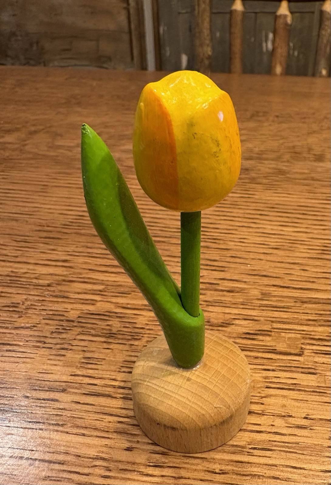 Hand Carved and Painted Wooden Flower Tulip Yellow Holland Michigan Dutch
