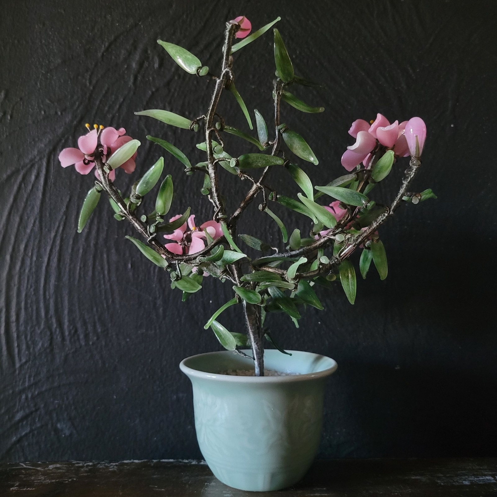 Vtg Jade Cherry Blossom Bonsai In Celadon Pot, Chinoiserie Flower, Asian Decor