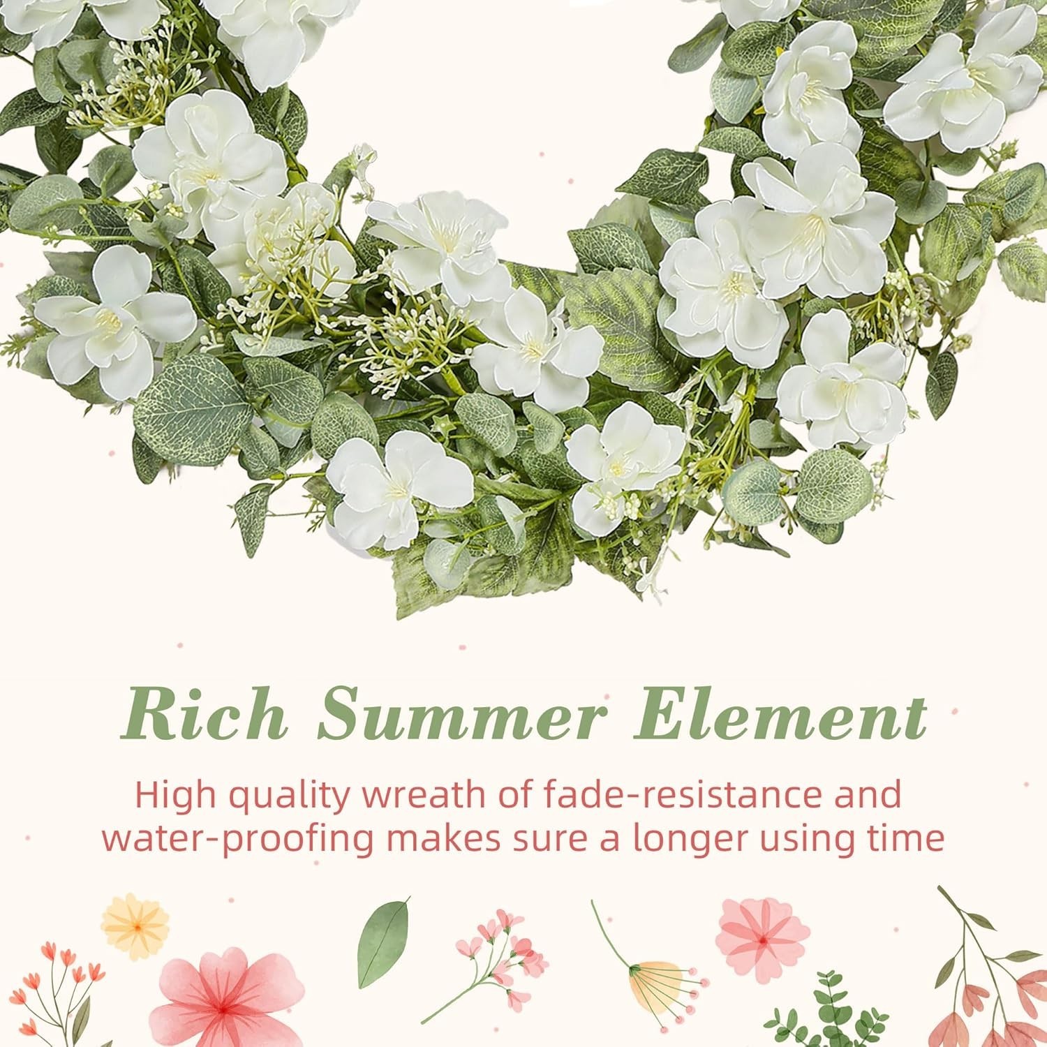 20-Inch Spring & Summer Artificial Floral Wreath with White Roses & Eucalyptus