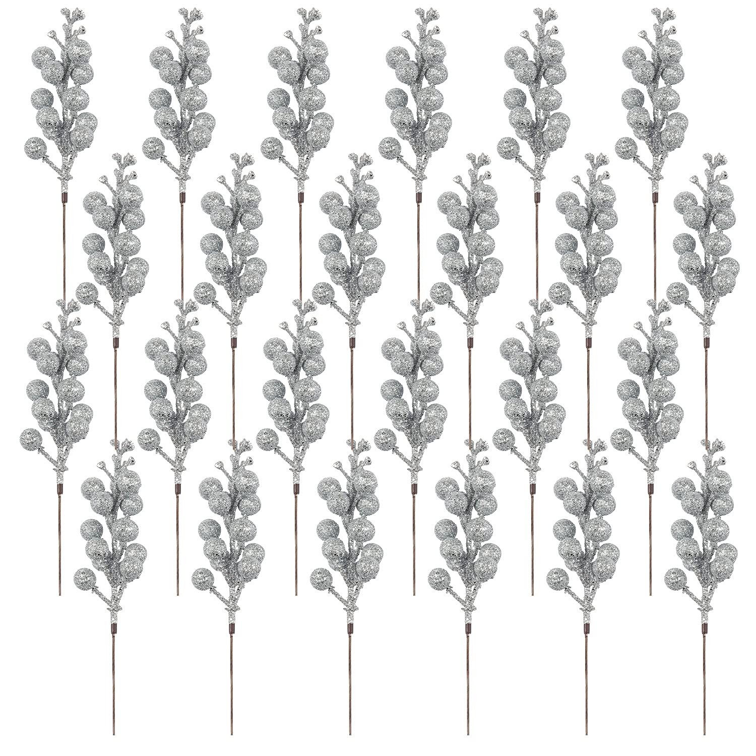 24 Pack Silver Christmas Glitter Berries Stems Artificial Christmas Tree Pick…