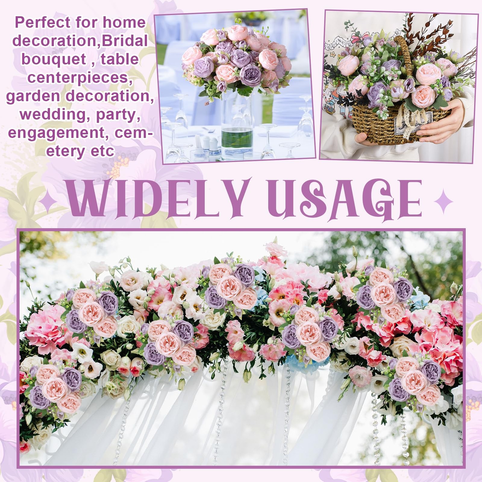 8 Pack Pink, Purple Peonies Artificial Flowers, Fake Silk Hydrangea Bouquet f…