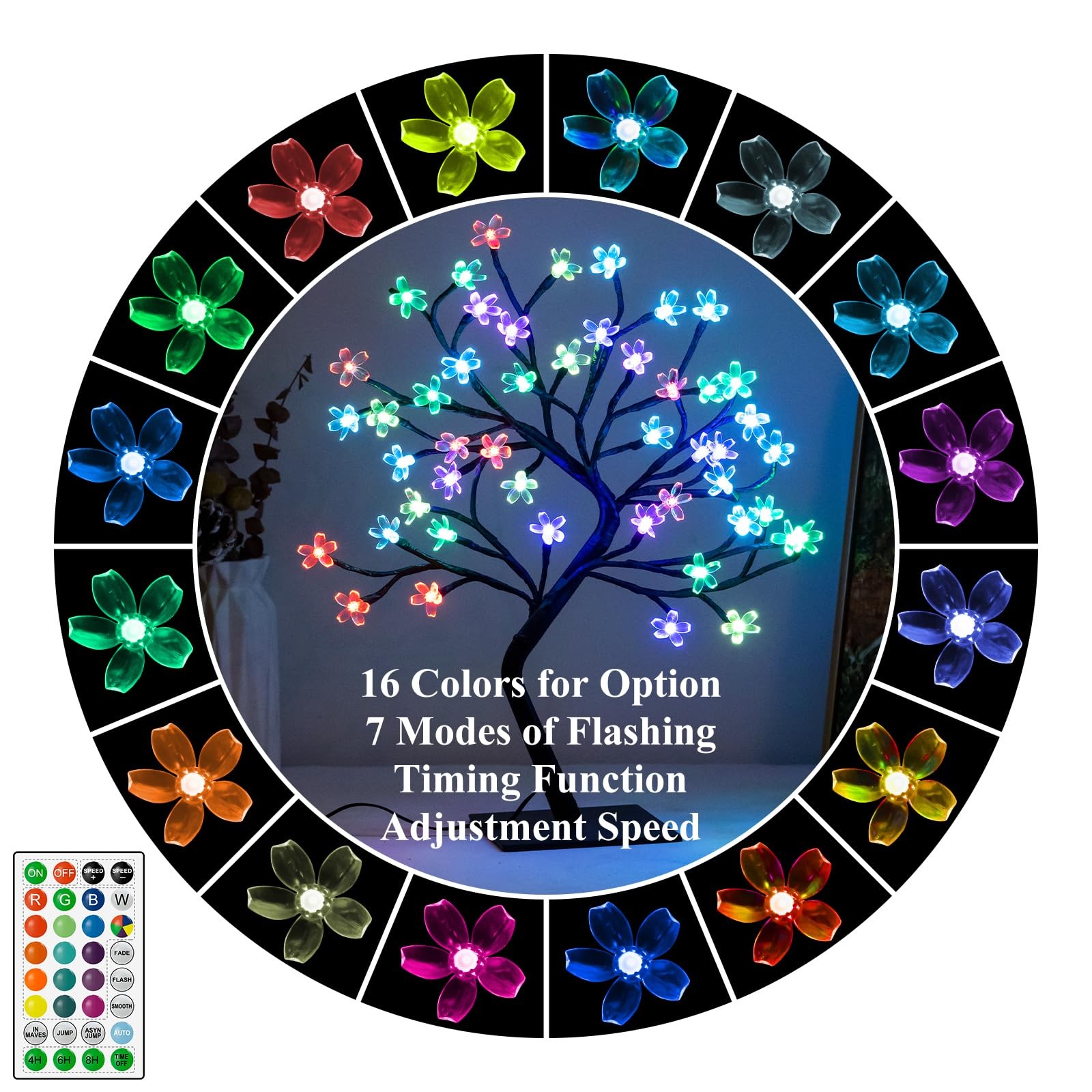 16 Color Changing Lighted Cherry Blossom Tree 48 LED Plug In Night Light