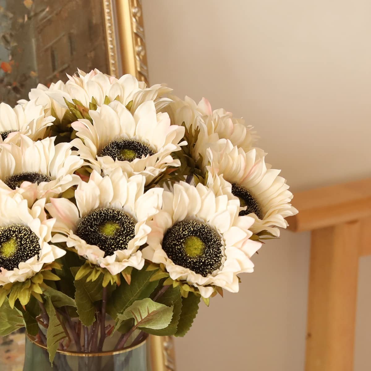 7PCS White Sunflowers Artificial Flowers, Fake Silk Sunflower with Stem Vinta…