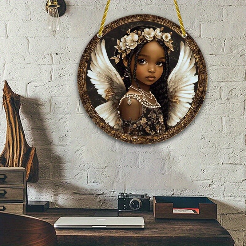 2D Round Flat Printed Acrylic African Angel Doll Sign Gold Cherub Sign