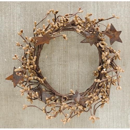 NEW PRIMITIVE Berry Wreath Candle Rings 2pc Rust Stars 4″ TEASTAIN Pips Rustic