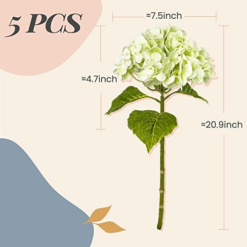21In Light Green Artificial Hydrangea Flowers – 5 Pcs Real Touch Latex for DIY D