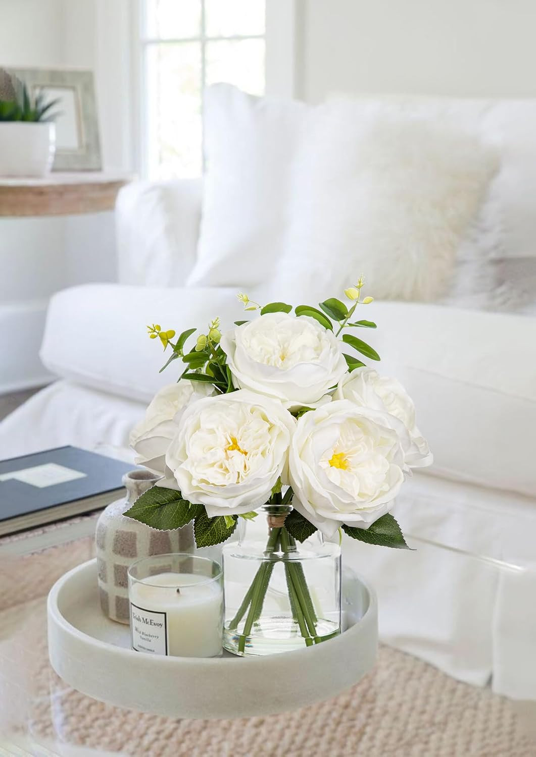 Elegant White Peonies & Roses in Glass Vase – Faux Flower Centerpiece Decor